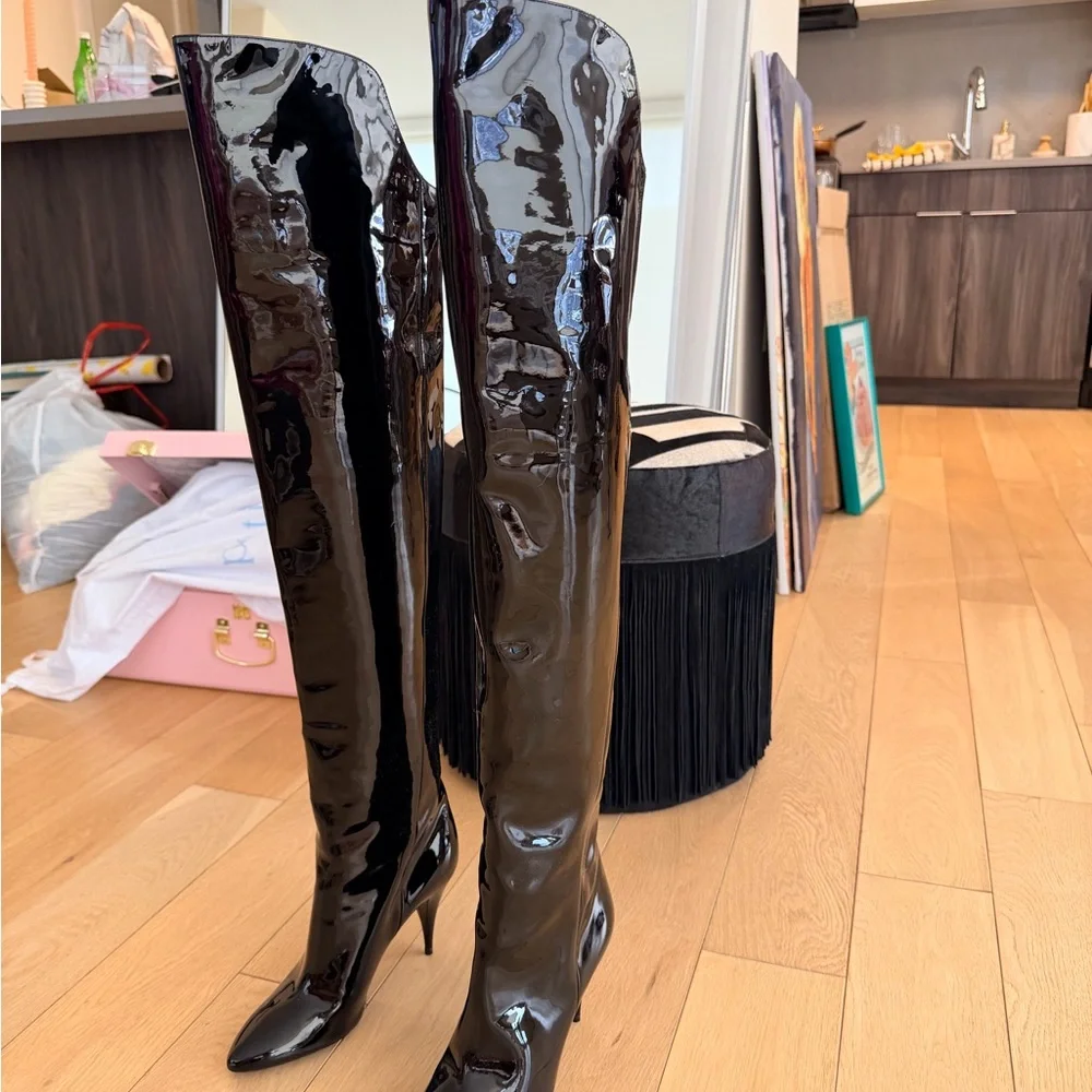 Saint Laurent Black Patent Leather Over-the-Knee Boots - Picture 3 of 5